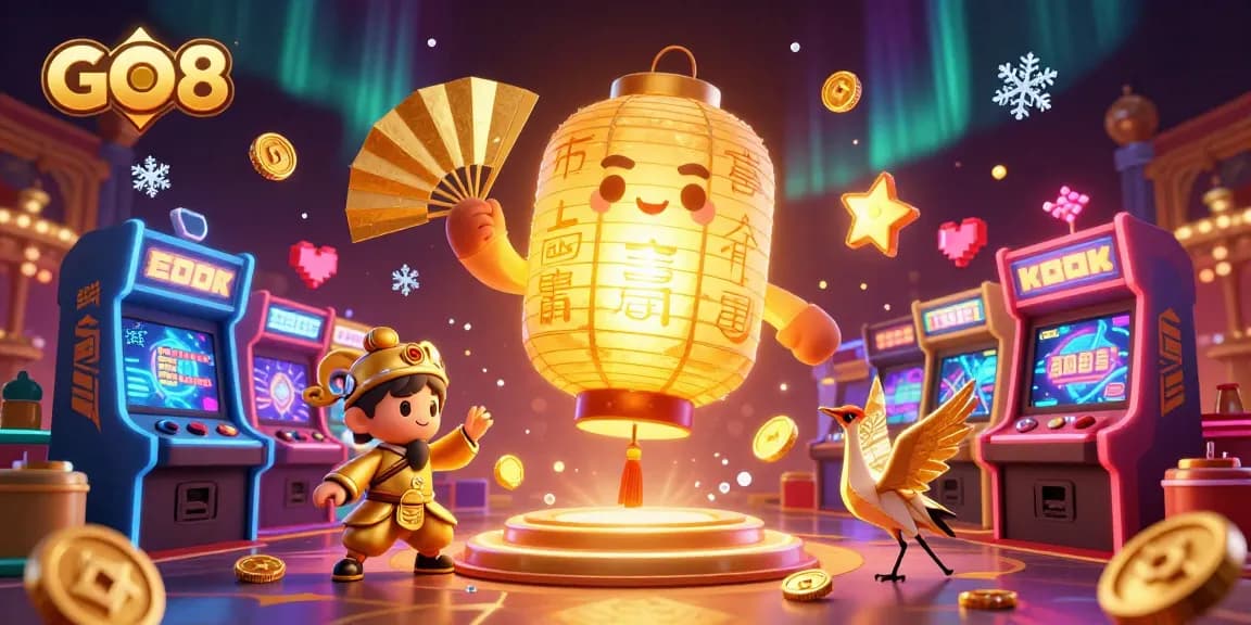 Engage in casino fun with GO8, showcasing vibrant slot games, 3D characters, and golden treasures.