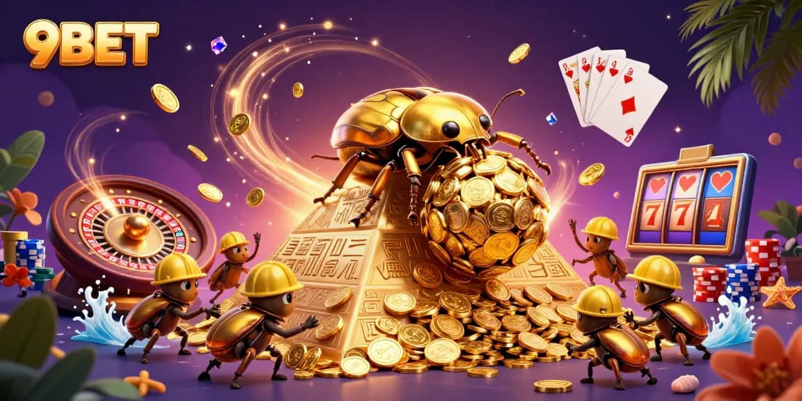 Experience the thrill of winning at 9BET with golden coins, vibrant casino elements, and dynamic energy.