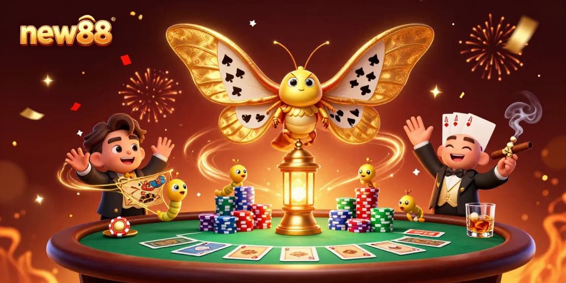 Experience thrilling wins with new88 at this vibrant casino-themed illustration showcasing poker action.