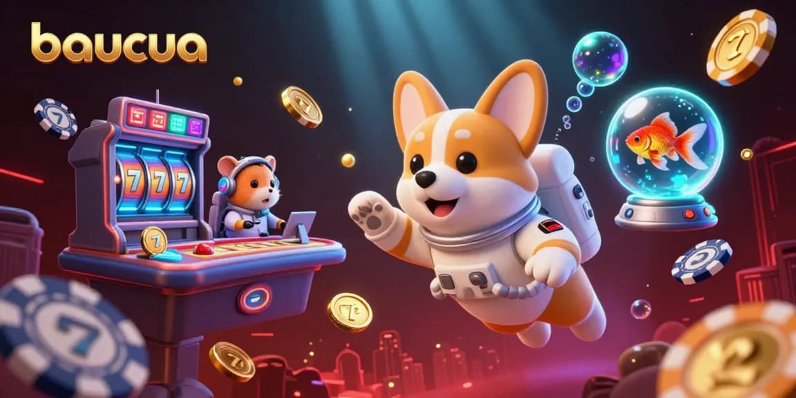 Baucua enhances gameplay with vibrant slot reels and interstellar fun, featuring a corgi astronaut.