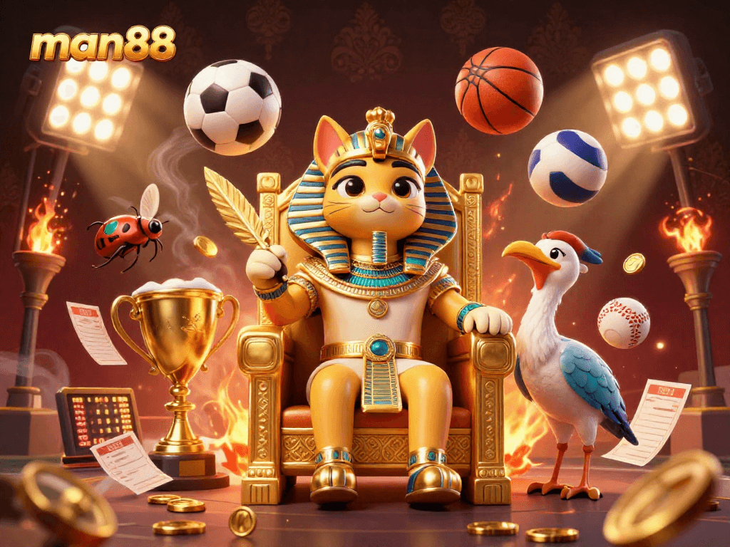 Bet on man88 with a vibrant 3D scene of a pharaoh cat and sports elements for excitement.