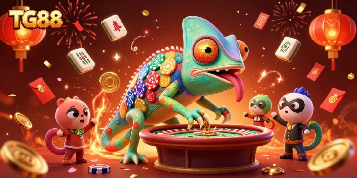 Experience excitement with TG88's vibrant casino scene featuring a colorful chameleon owner and flying game elements.