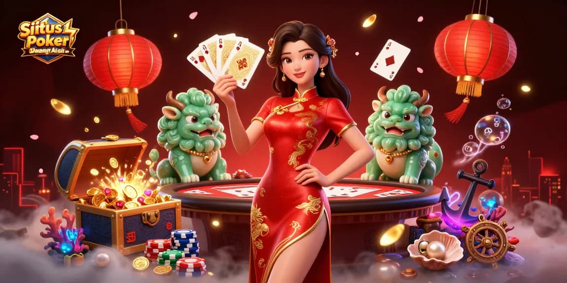 Situs Poker Uang Asli Dewapoker scene showcasing a vibrant poker table with an elegant woman and jade lion.