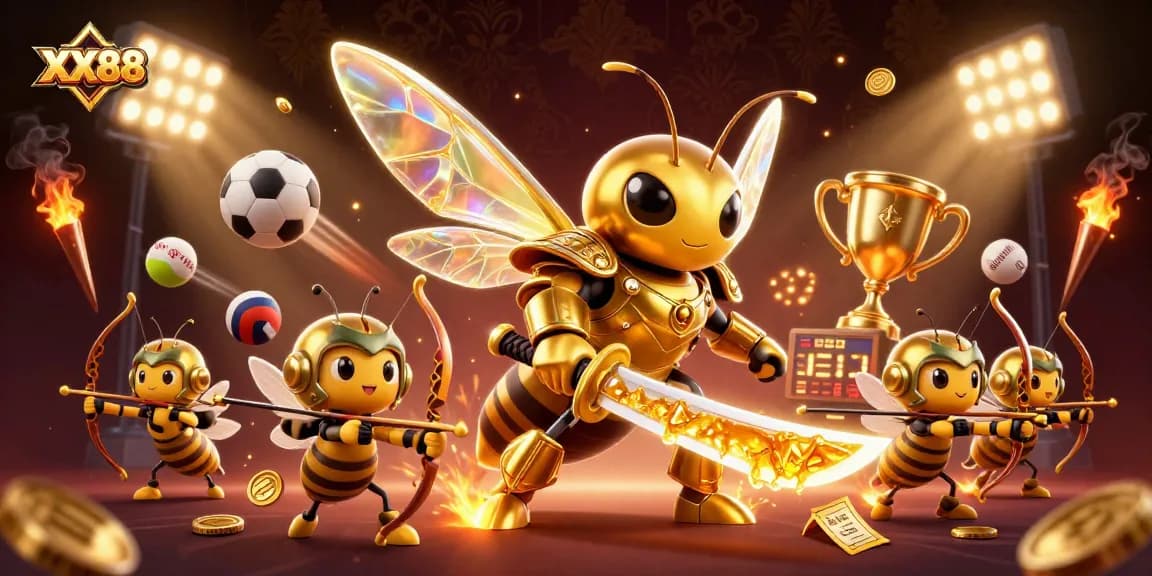 Experience the excitement of XX88 casino with golden hornets and dynamic gaming elements in this vibrant illustration.