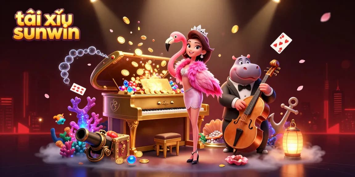 Enjoy thrilling gameplay on tài xỉu sunwin amidst a vibrant casino scene with musical characters and treasures.