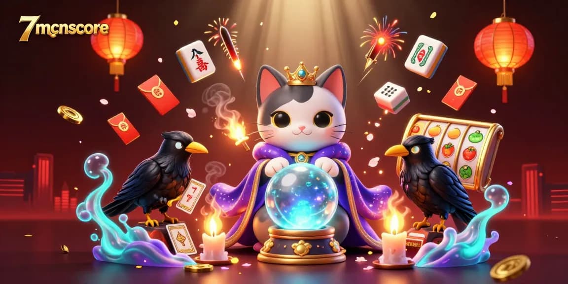 Engage with 7mcnscore in this vibrant 3D casino scene featuring fortune teller elements.