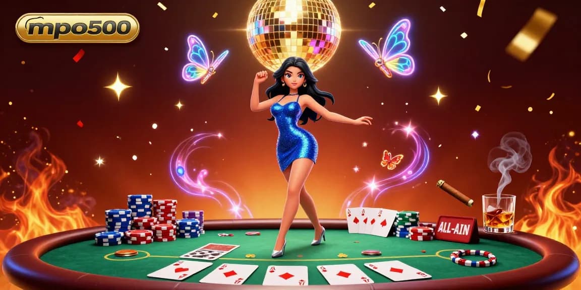 Engage with mpo500 in a vibrant casino scene featuring neon butterflies, poker chips, and 3D characters.