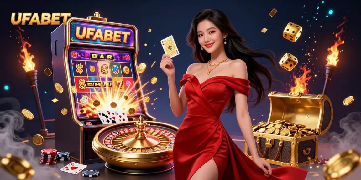 UFABET promotes engaging online gambling with stunning visuals showcasing a beautiful woman, casino games, and excitement.