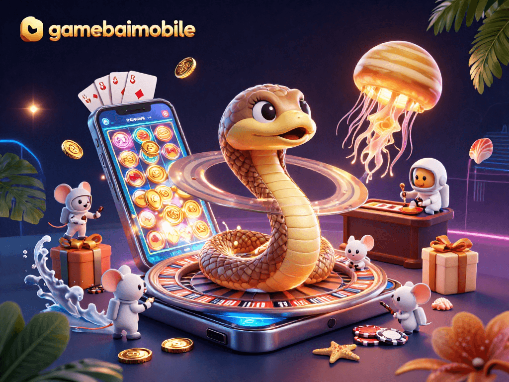 gamebaimobile showcases a dynamic 3D casino scene featuring a roulette-style Saturn ring with vodka jellyfish dealer and mouse bettors.