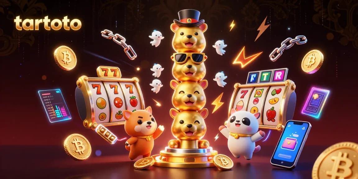 Win jackpots with tartoto in a vibrant 3D casino scene featuring slot reels and crypto elements.