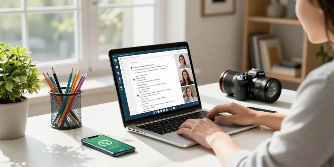 Using WhatsApp電腦版 on a stylish laptop in a modern home office.