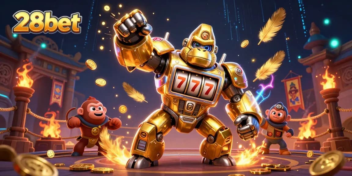 Experience the thrilling 28bet golden gorilla mech and dynamic gambling elements in this vibrant casino scene.
