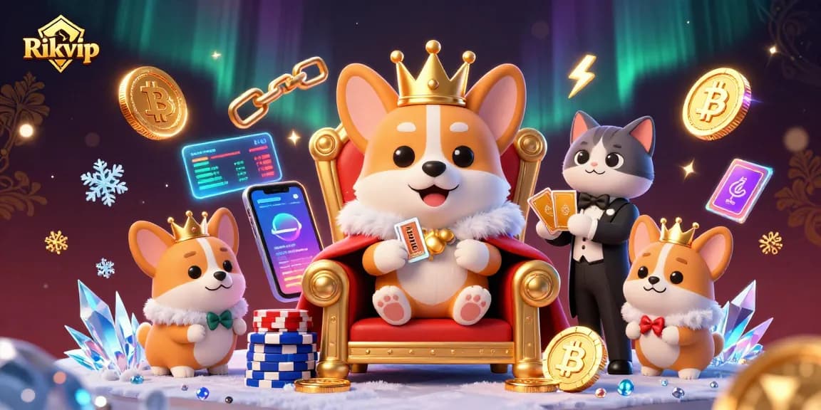 Experience thrilling gameplay at Rikvip with a royal corgi on a poker chip throne, illuminated by crypto coins.