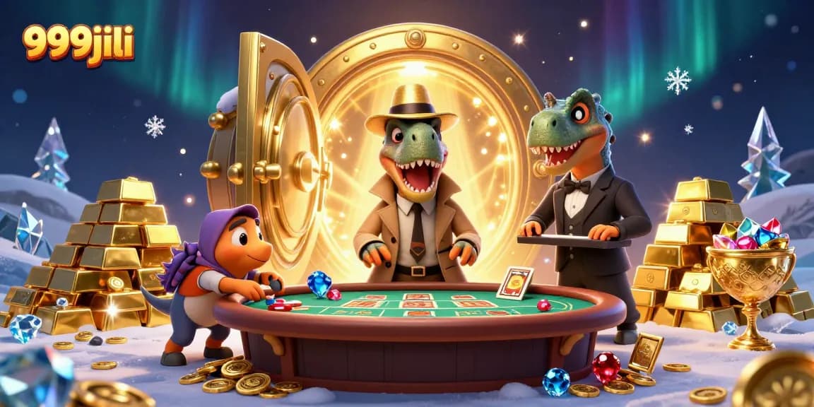 Bet on your luck with the playful 999jili velociraptor card counter at a blackjack table.