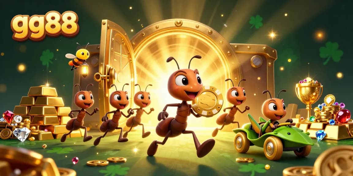 Experience gg88's exciting casino adventure with ants heisting a giant poker chip in a treasure scene.