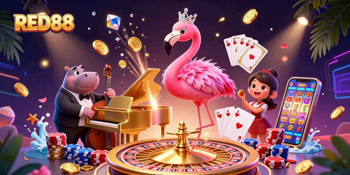 Join the action at RED88 casino with a glamorous flamingo singer and hippo bassist amidst golden coins and neon lights.