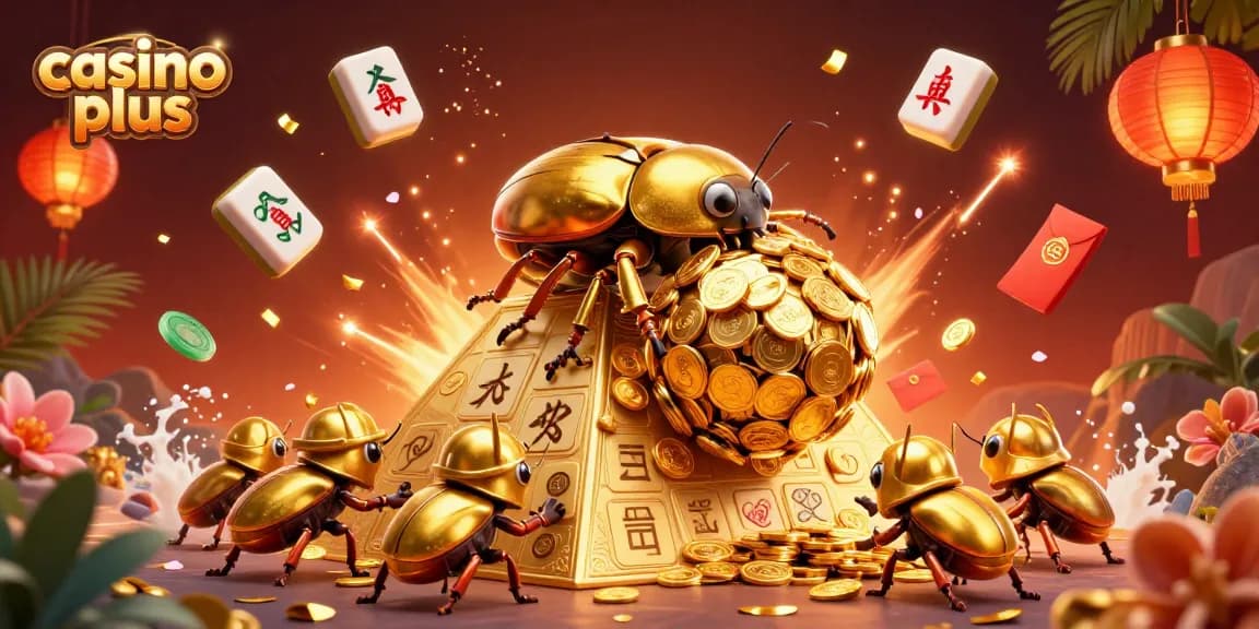 Join the excitement at casino plus with unique games illustrated by golden beetles and festive symbols.
