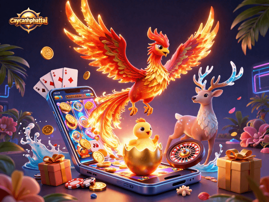 Engage in the exciting world of caycanhphattai with a vibrant 3D phoenix illustration amidst dynamic casino elements.