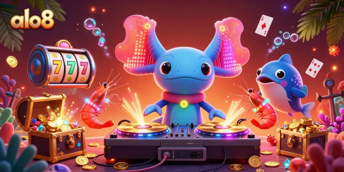 Alo8 engages players with vibrant 3D casino fun, featuring a colorful DJ axolotl and dancing marine characters.