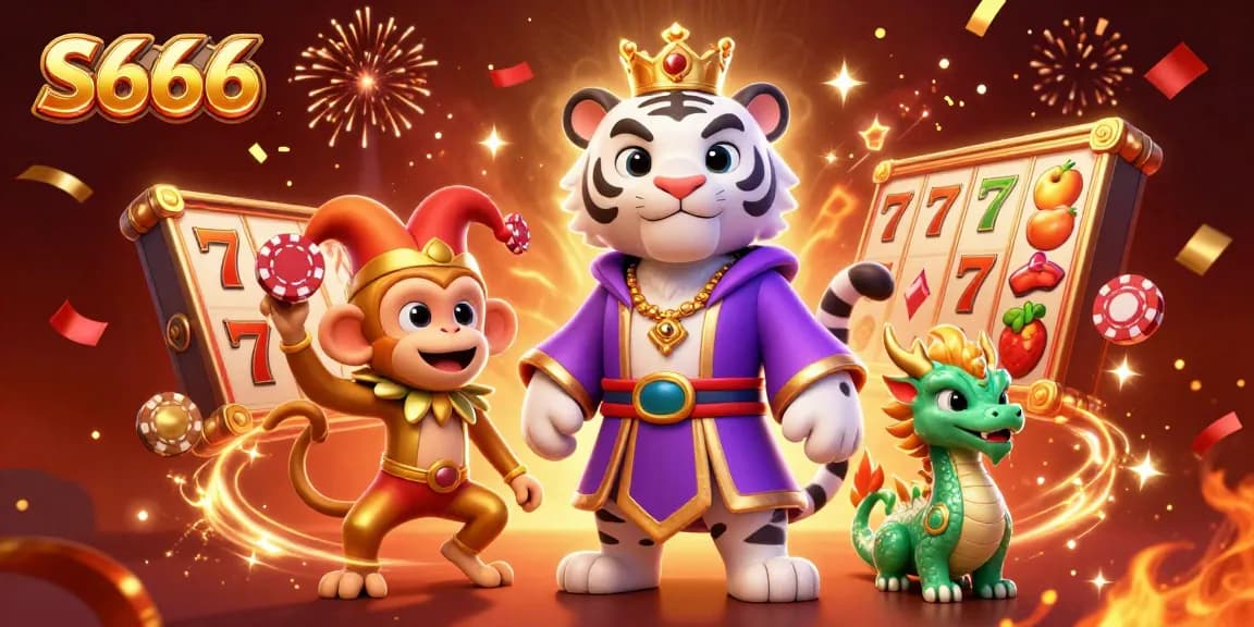 S666 showcases a vibrant 3D illustration featuring a tiger and monkey among slot machines and festive elements.