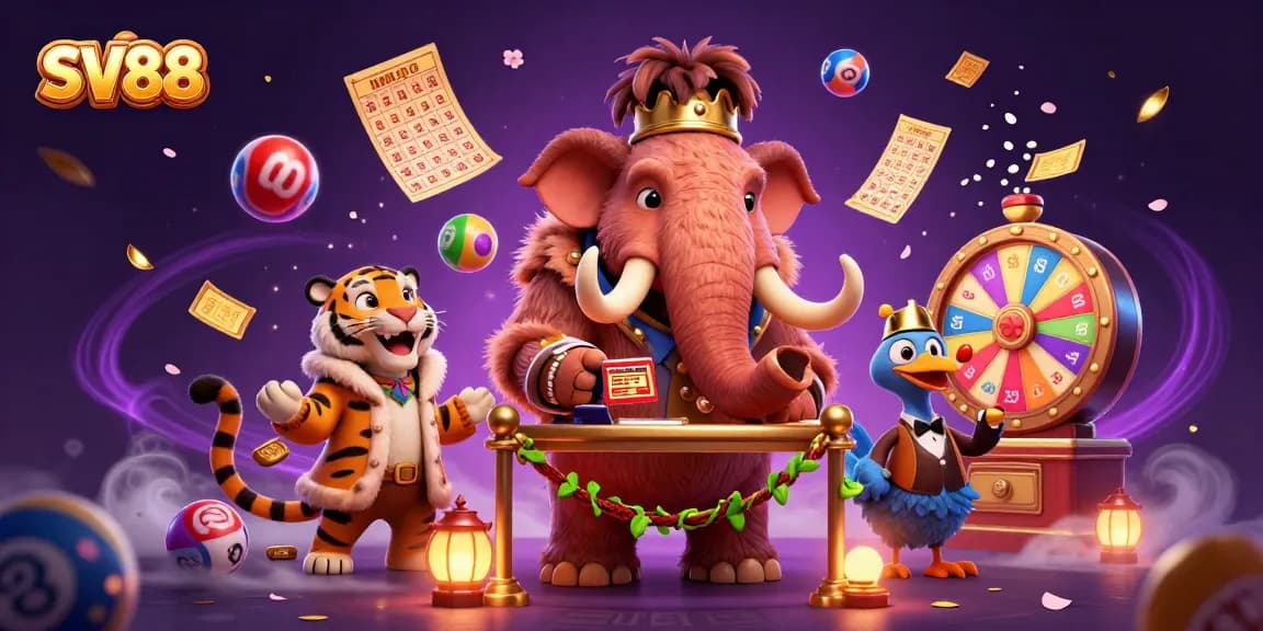 SV88 characters enjoy a vibrant casino night filled with lottery balls and prizes.
