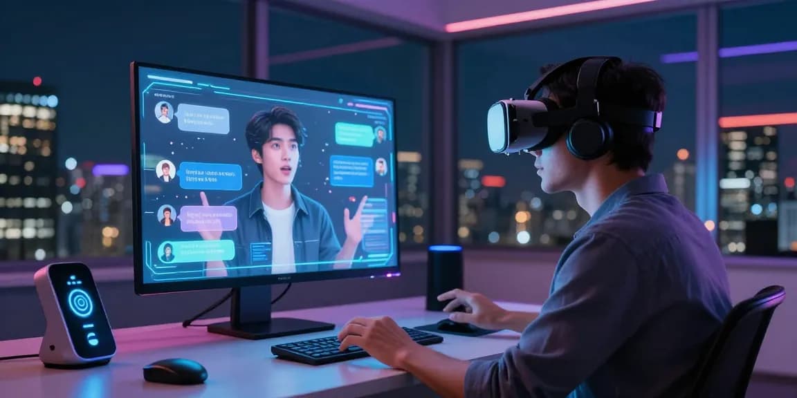 Engaging hot chat ai experience in a futuristic tech environment with a user interacting with an AI avatar.