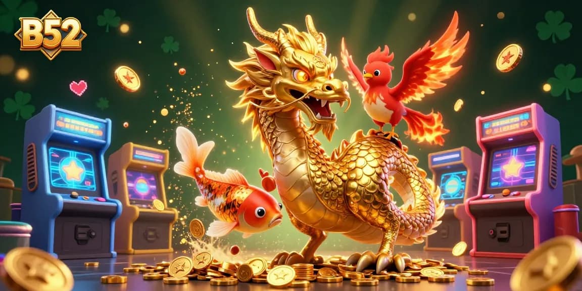 B52 enchantingly showcases a fierce golden dragon and phoenix amidst gaming elements.