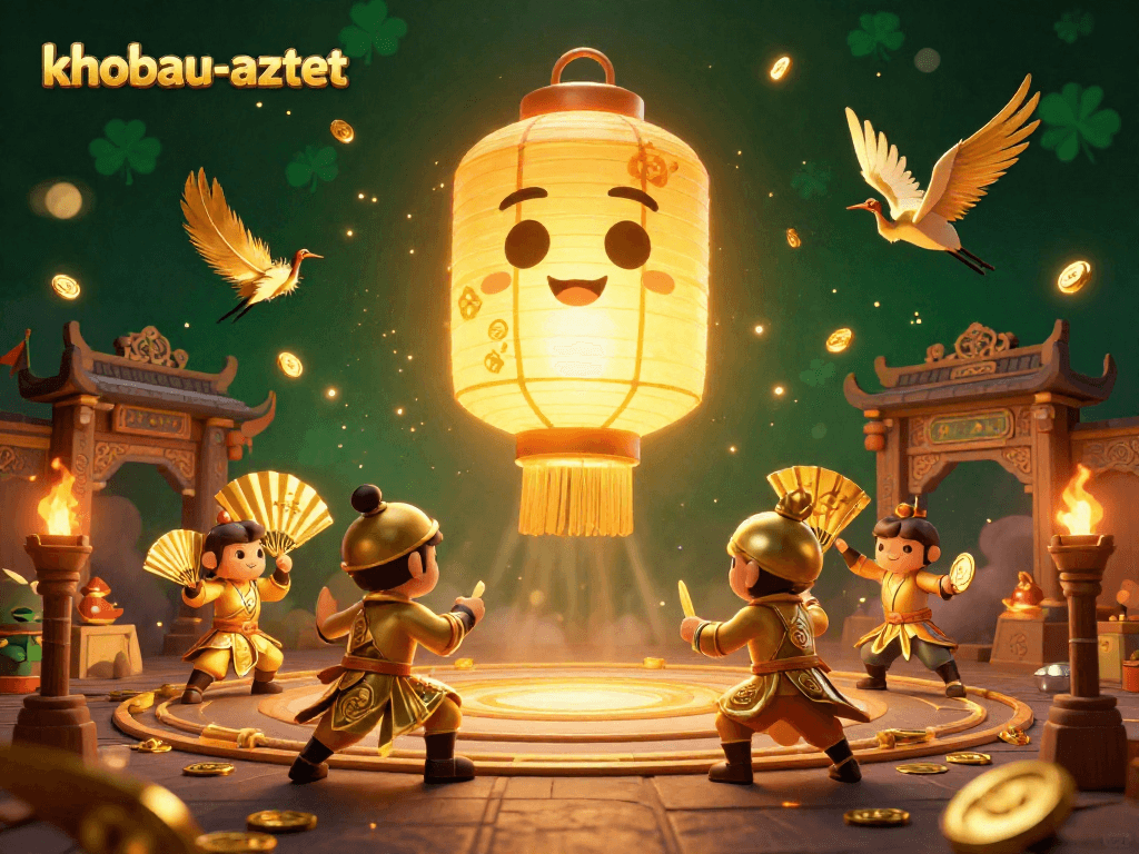 Engage in khobau-aztec's thrilling journey through a vibrant casino atmosphere with golden lanterns and warriors.