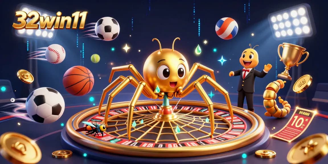 Engage with 32win11 as a golden spider spins a roulette wheel, showcasing vibrant casino energy.