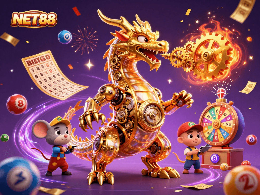 NET88’s vibrant 3D casino scene with a golden dragon, lottery balls, and celebratory elements.