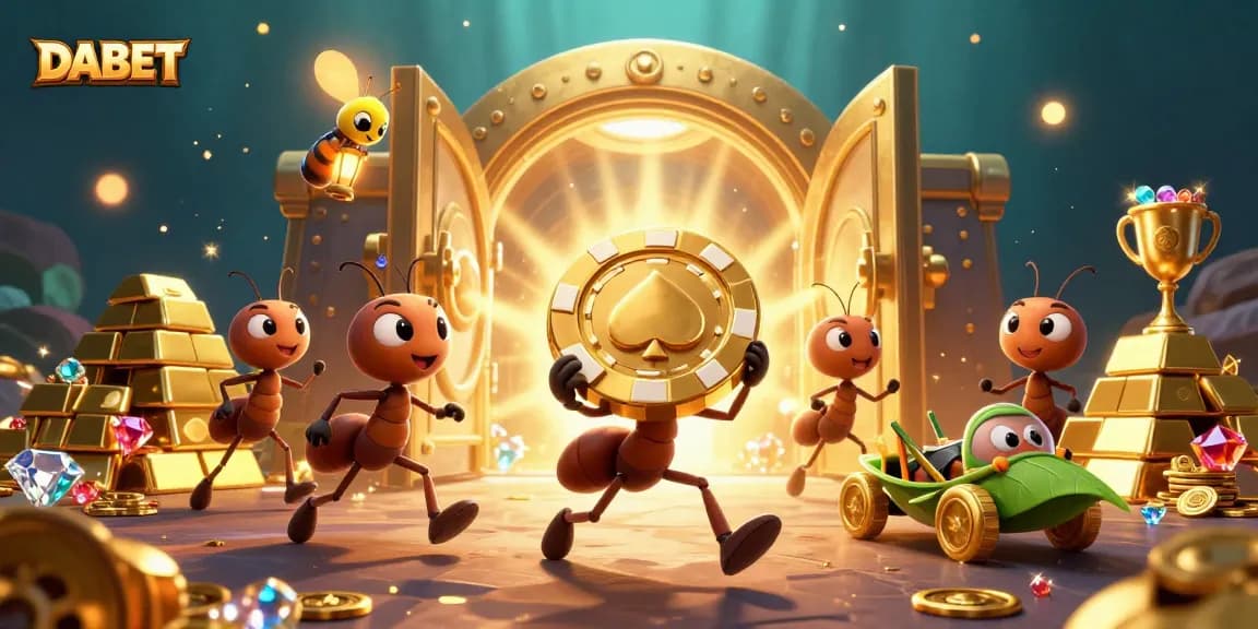 DABET casino excitement with ants heisting a giant poker chip amidst golden treasures