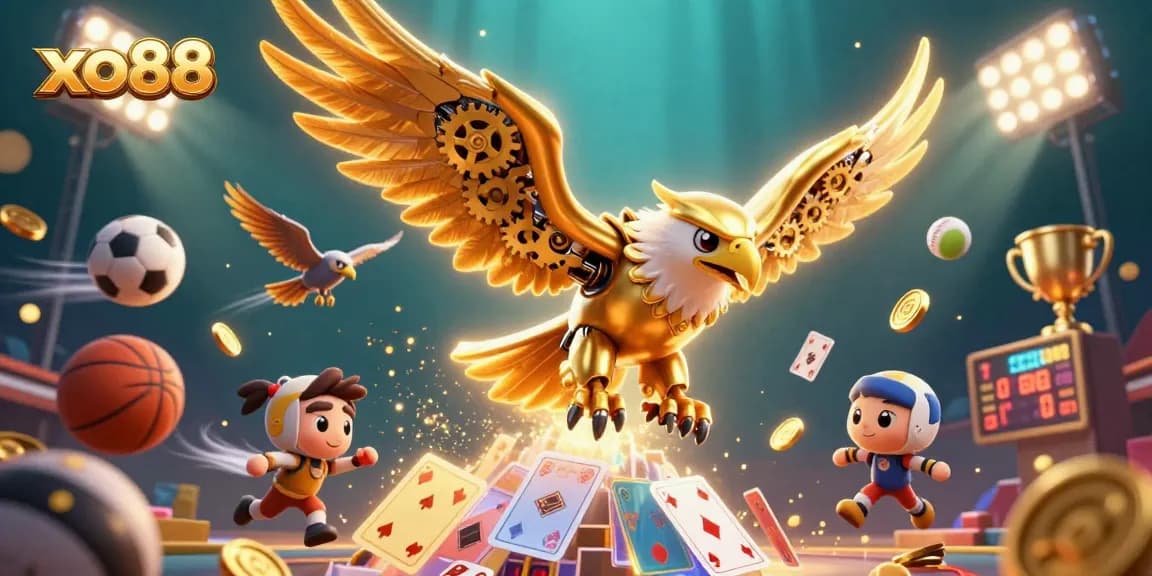 Experience excitement with xo88’s dynamic casino sports scene featuring a golden eagle amidst vibrant game elements.