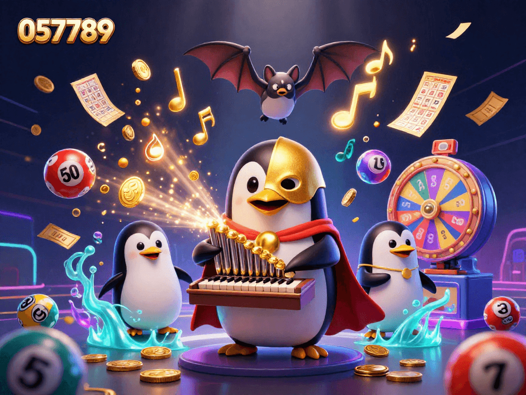 Engage with the thrilling world of 057789 where a phantom penguin plays a golden organ amidst lively lottery elements.