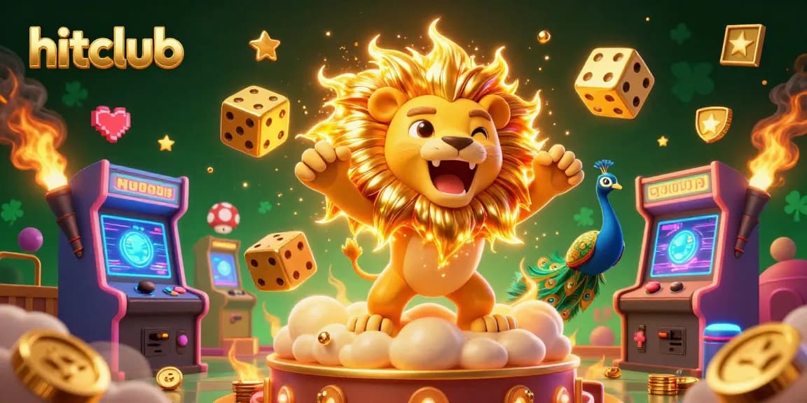 Experience the excitement of hitclub as the roaring lion dominates amidst casino-themed elements with vibrant game icons.