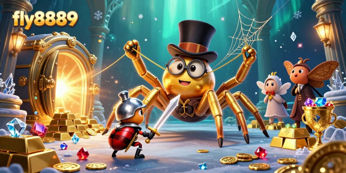 Experience the excitement of fly8889 in a vibrant 3D casino illustration with golden elements and characters.