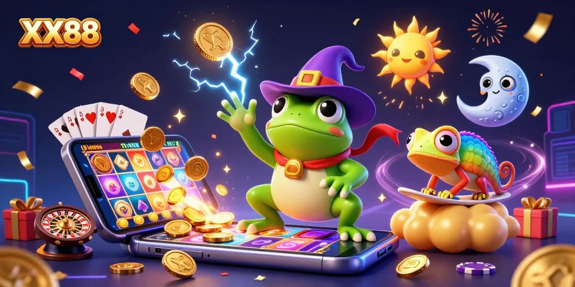 Experience the magic of XX88 as a wizard frog conjures golden coins in a vibrant casino scene.