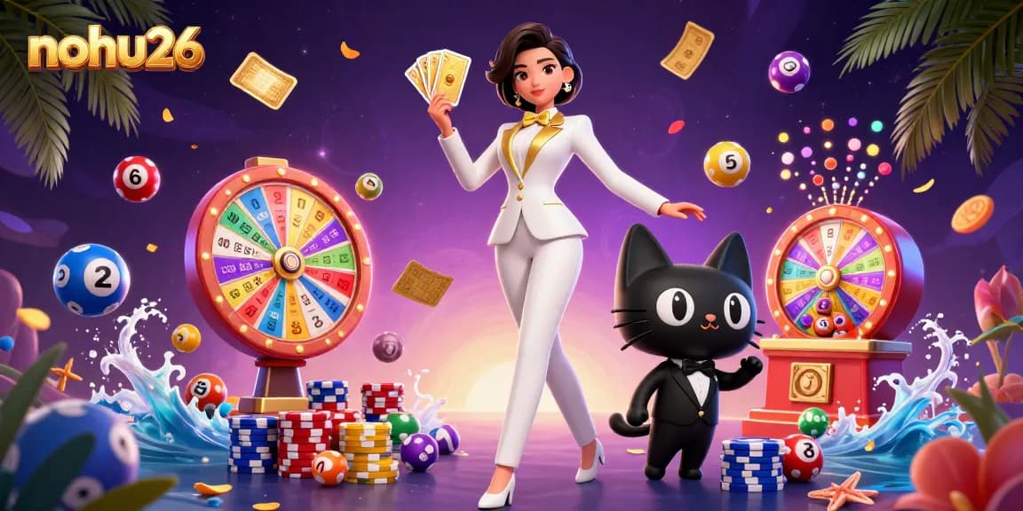 Engage with nohu26 in a vibrant casino scene showcasing thrilling lottery elements and action.