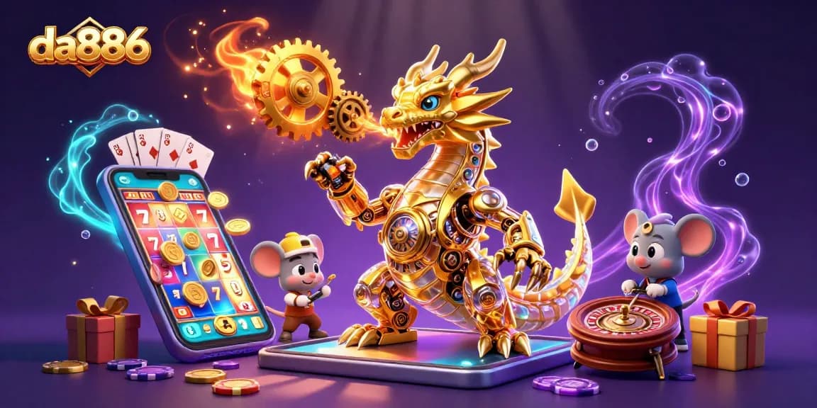 Engage with da886's exciting online gaming experience featuring a biomechanical dragon and vibrant casino elements.