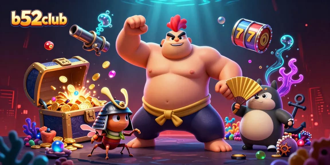 Experience thrilling action with b52club as sumo wrestlers stomp amidst floating slots and treasure
