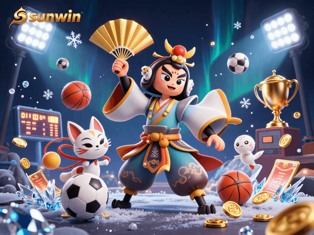 Bet on sunwin with an animated kabuki warrior and kitsune amidst a spectacular casino setting.