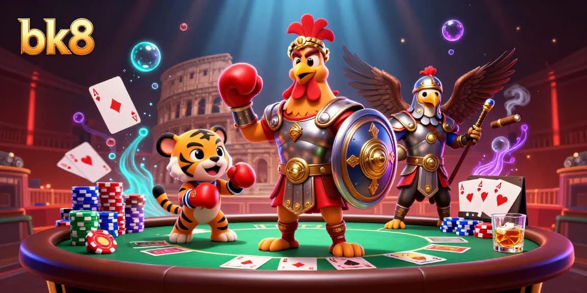 Experience exciting games at bk8 with a dynamic illustration featuring fun characters and casino elements.