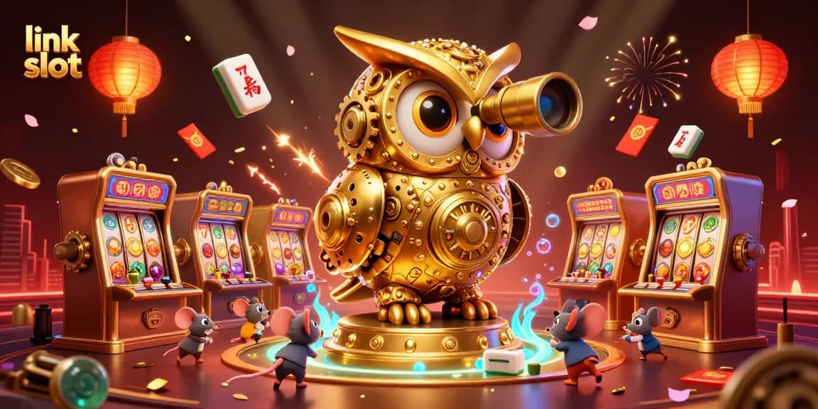 Link slot menampilkan burung hantu emas mekanis di kasino dengan mesin slot penuh warna dan elemen unik lainnya.
