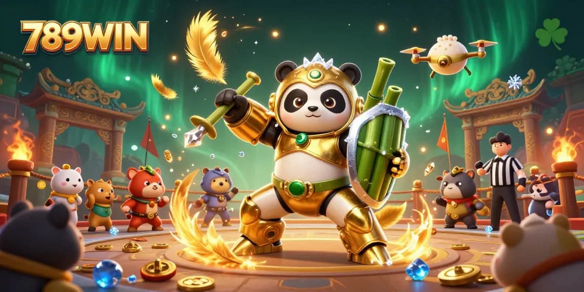 Experience thrilling action at 789WIN with a panda in a mech-suit battling amidst a vibrant casino scene.