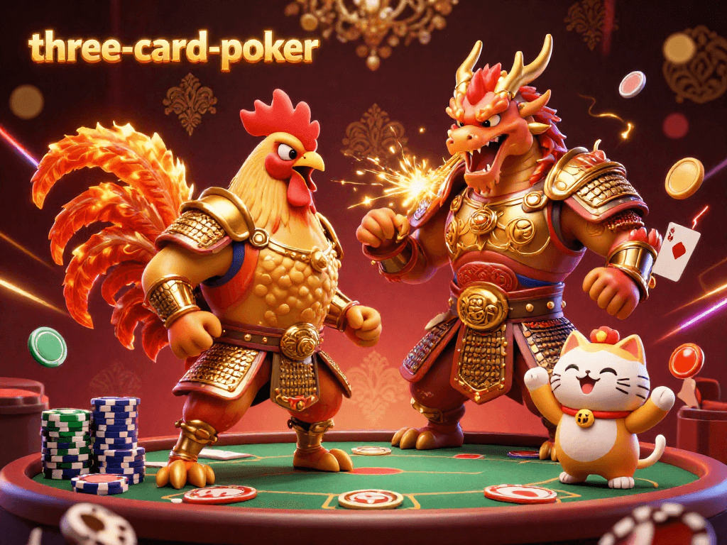 Experience three-card-poker excitement with dynamic 3D characters and casino elements in a vibrant illustration.