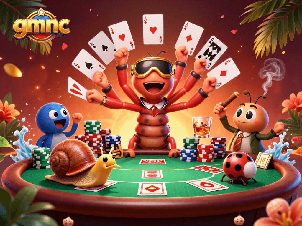 Experience the excitement of gmnc casino with vibrant characters at a poker table.
