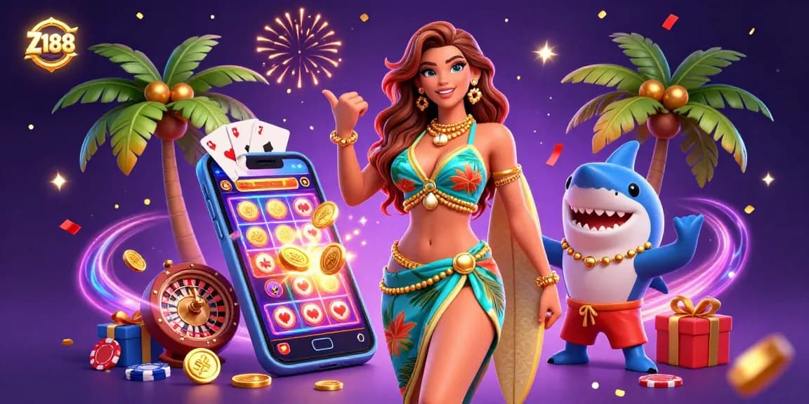 Engage with Z188's vibrant slot experience featuring a tropical goddess and a playful shark.
