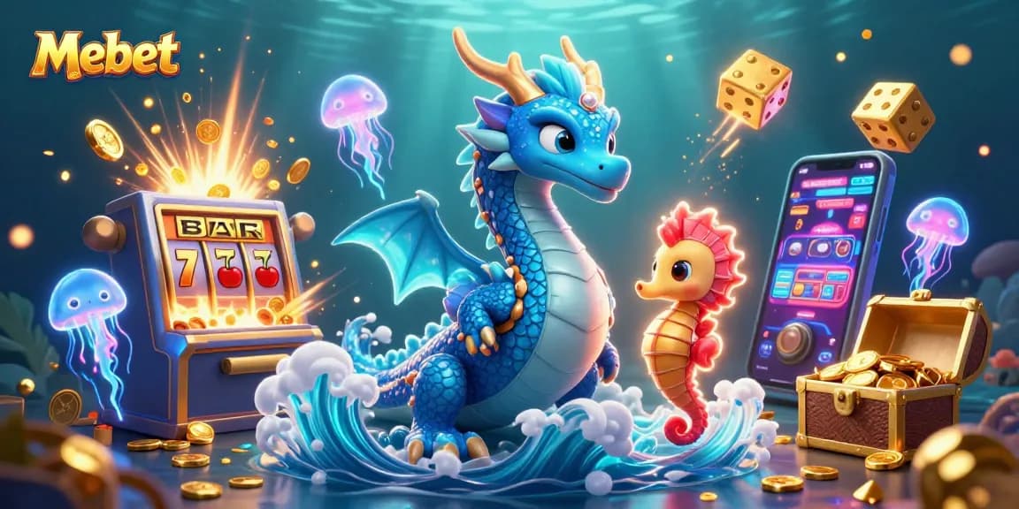 Engage with Mebet's vibrant casino adventure featuring a water dragon amidst slot machines and treasure.