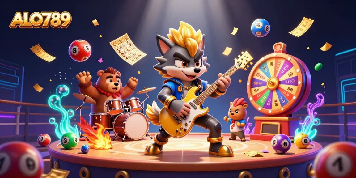 ALO789 showcases an electrifying 3D illustration featuring a rock star wolf shredding an electric guitar amid a wild cockfighting arena.