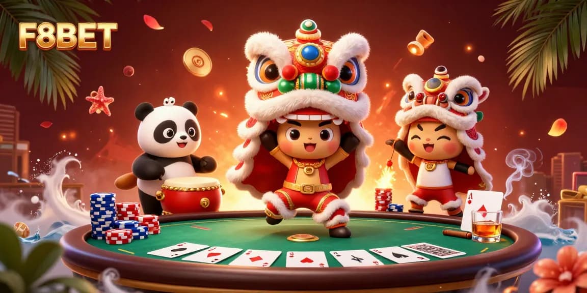 Join the action at F8BET with a vibrant casino scene featuring a lion dance, poker elements, and festive decorations.
