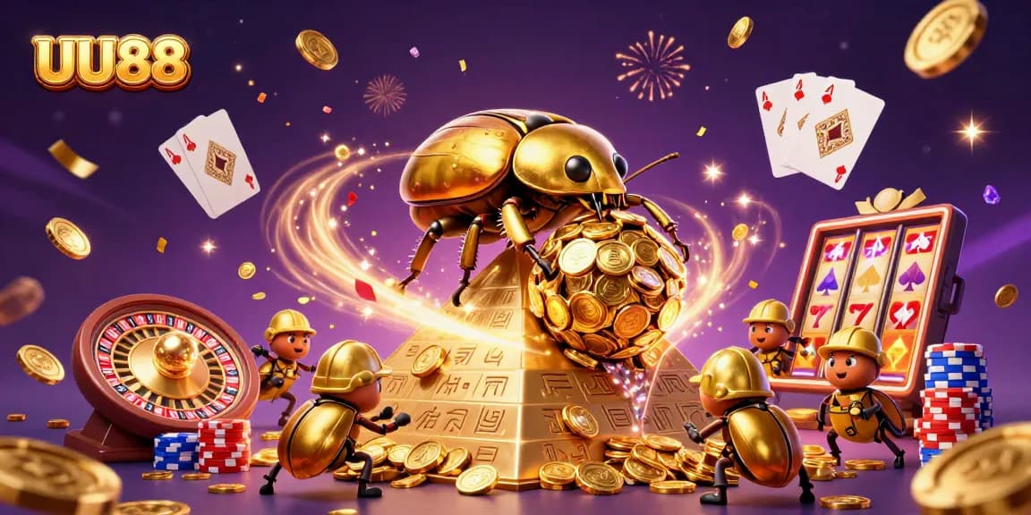Win big with UU88 at a vibrant online casino featuring golden beetles and rolling coins.